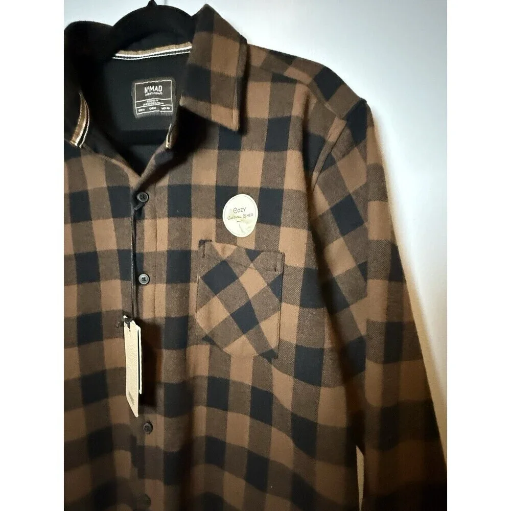 Nomad Cozy Thermal Lined Flannel Mens Medium Brown Black Shirt Shacket Button Up